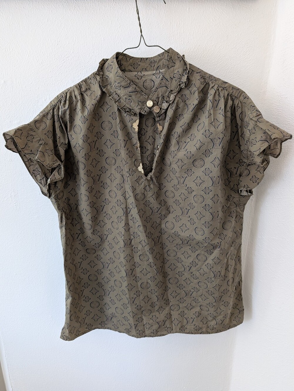 Louis Vuitton Olive Short Sleeve Popover Shirt with Subtle Monogram